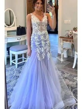 Prom Dresses Floral Dress Formal  Sleeveless V Neck Tulle with Ruffles Appliques