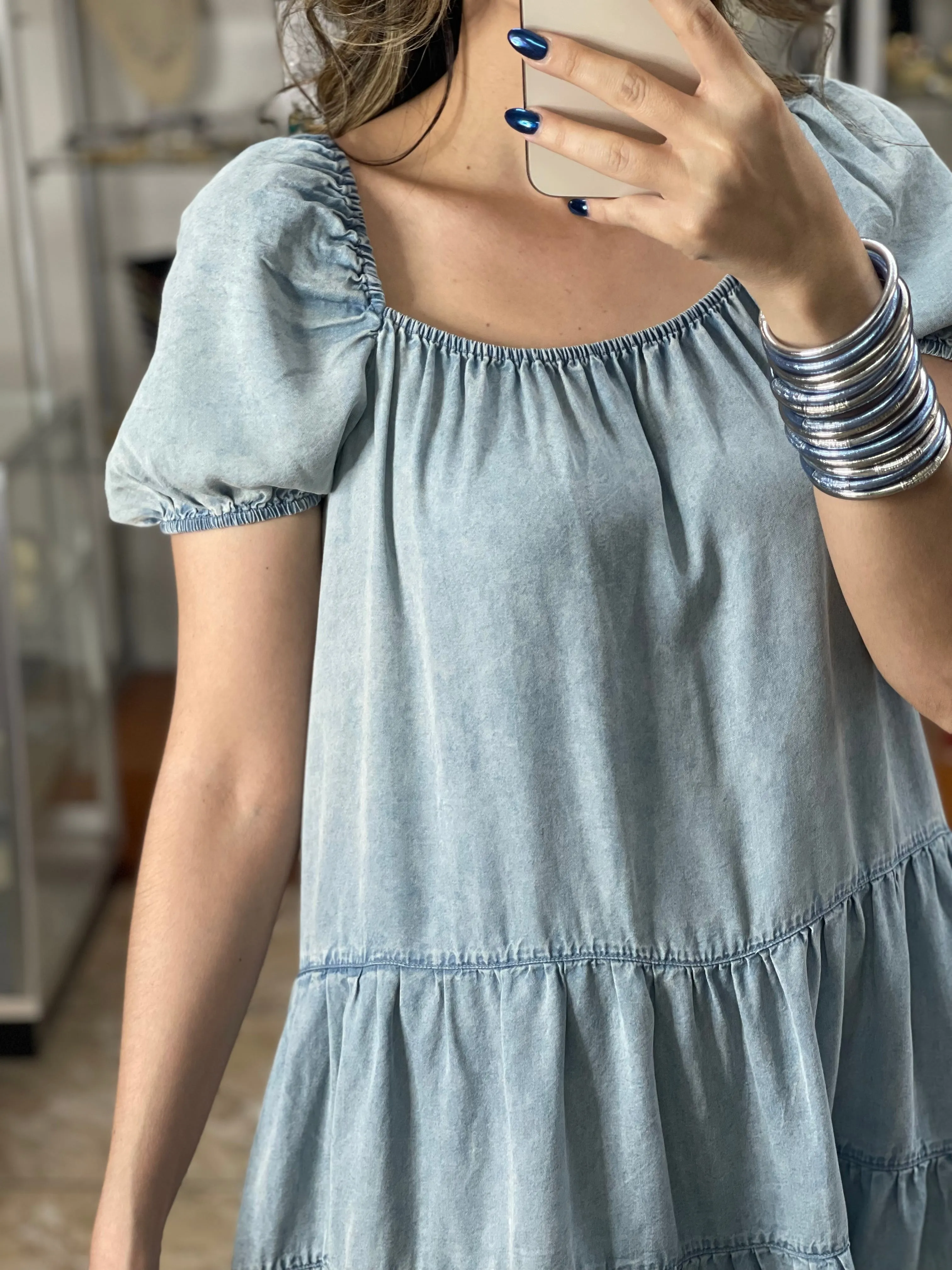 Puffy Sleeves Denim Mini Dress