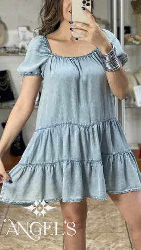 Puffy Sleeves Denim Mini Dress