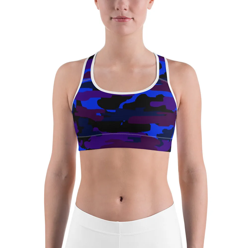 Purple Camo Sports Bra, Blue Military Army Print Women's Fitness Bra -Made in USA/ EU