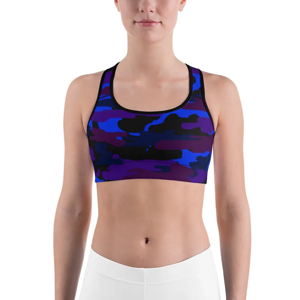 Purple Camo Sports Bra, Blue Military Army Print Women's Fitness Bra -Made in USA/ EU