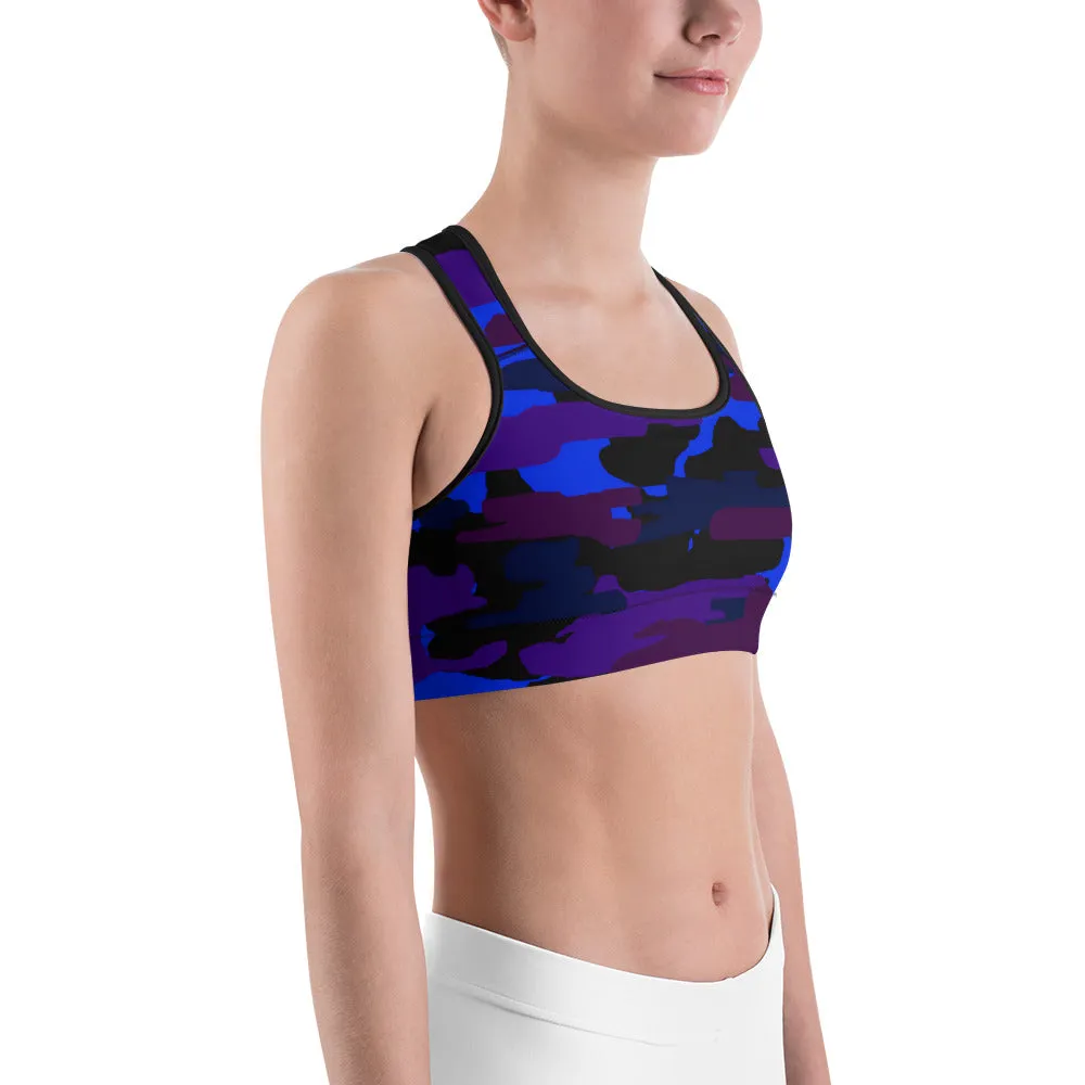 Purple Camo Sports Bra, Blue Military Army Print Women's Fitness Bra -Made in USA/ EU