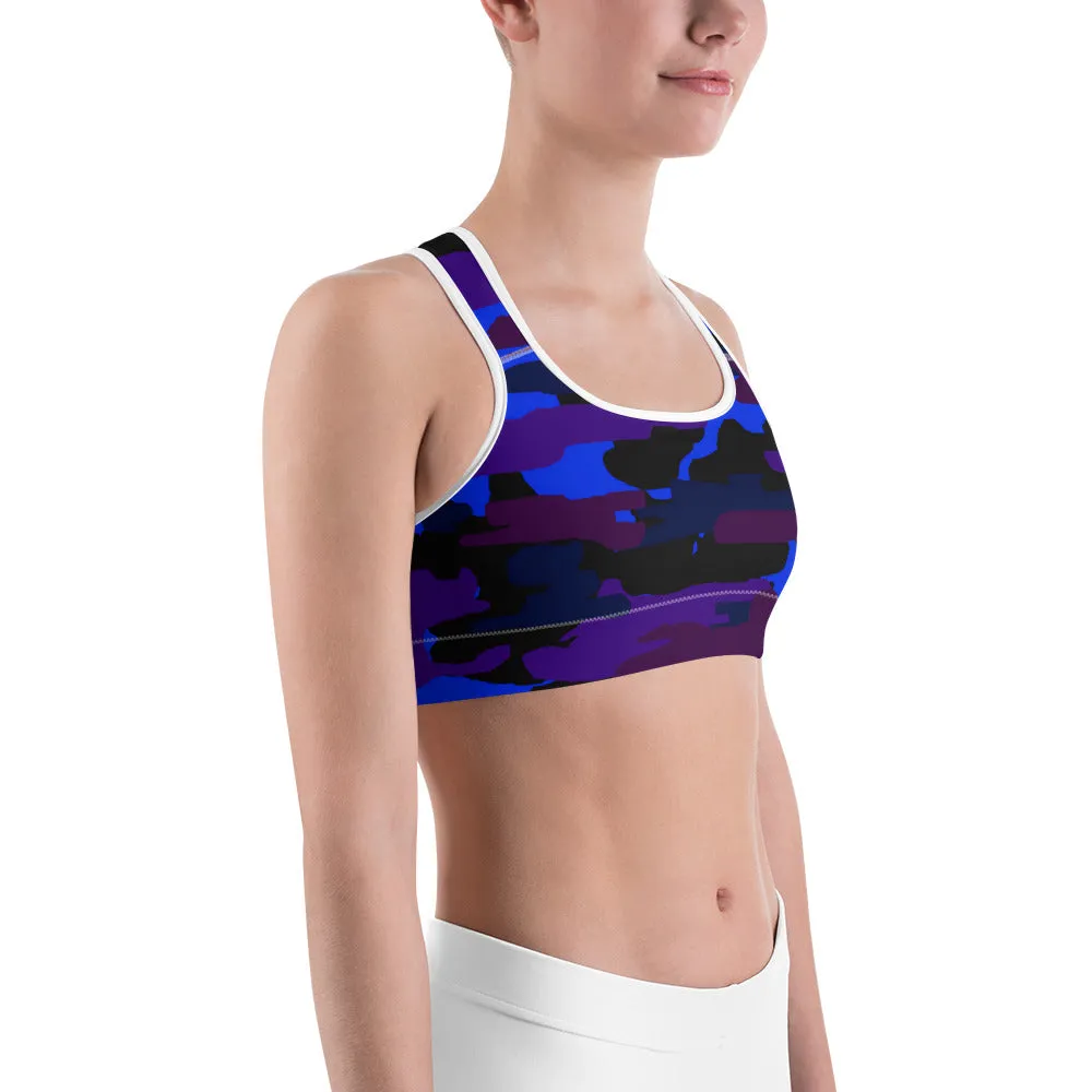 Purple Camo Sports Bra, Blue Military Army Print Women's Fitness Bra -Made in USA/ EU