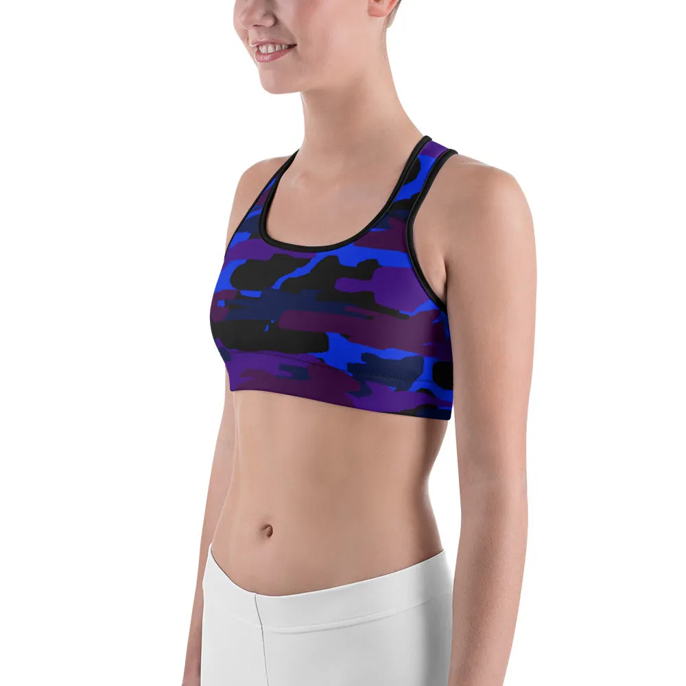 Purple Camo Sports Bra, Blue Military Army Print Women's Fitness Bra -Made in USA/ EU