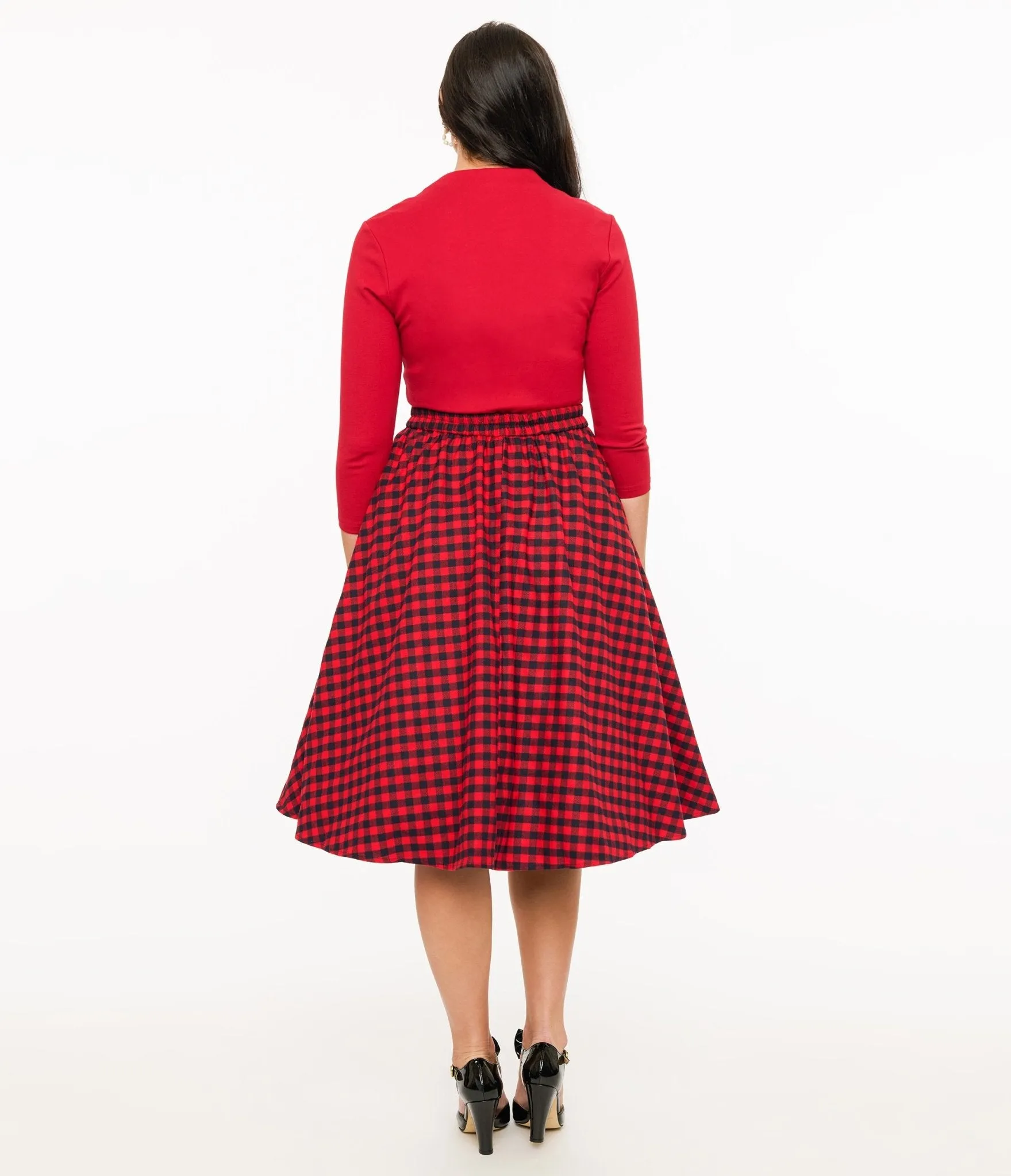 Red & Black Plaid Midi Skirt