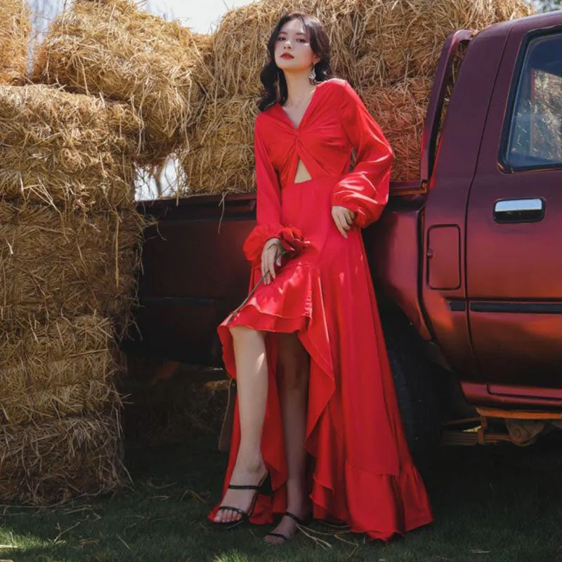 Red Sexy V Neck Knot Backless Ruched Fishtail Maxi Dress