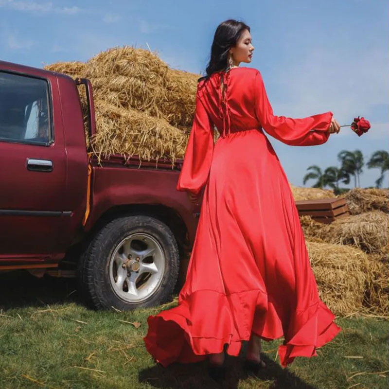 Red Sexy V Neck Knot Backless Ruched Fishtail Maxi Dress