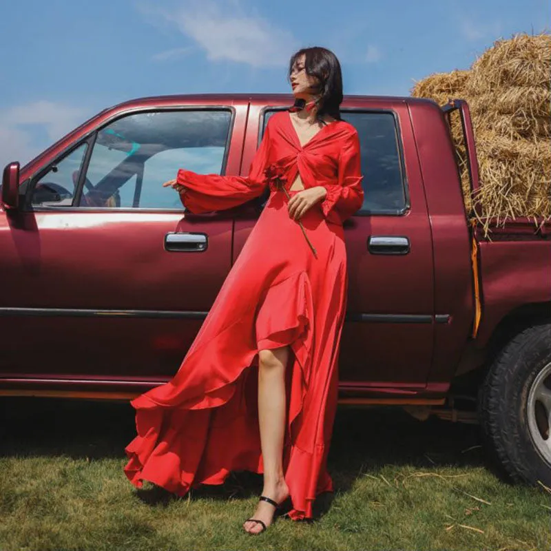 Red Sexy V Neck Knot Backless Ruched Fishtail Maxi Dress