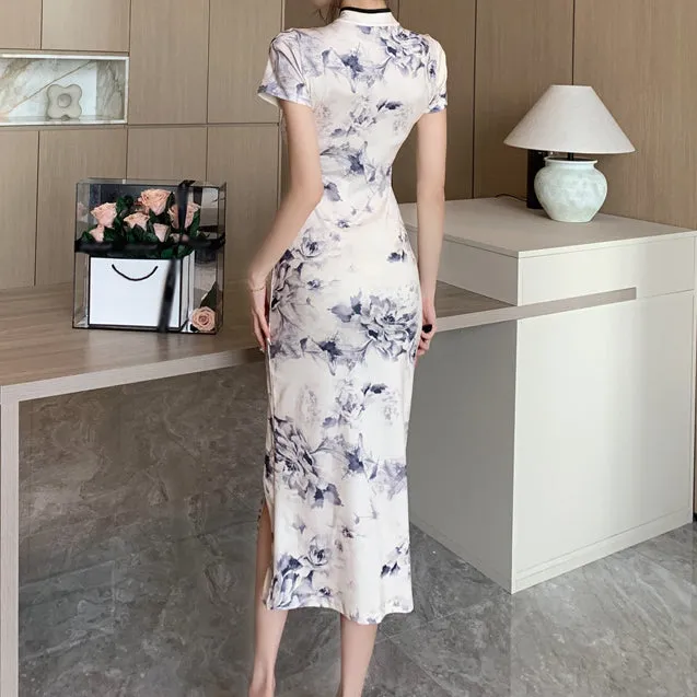 Retro Short-Sleeved Cheongsam Slit Dress