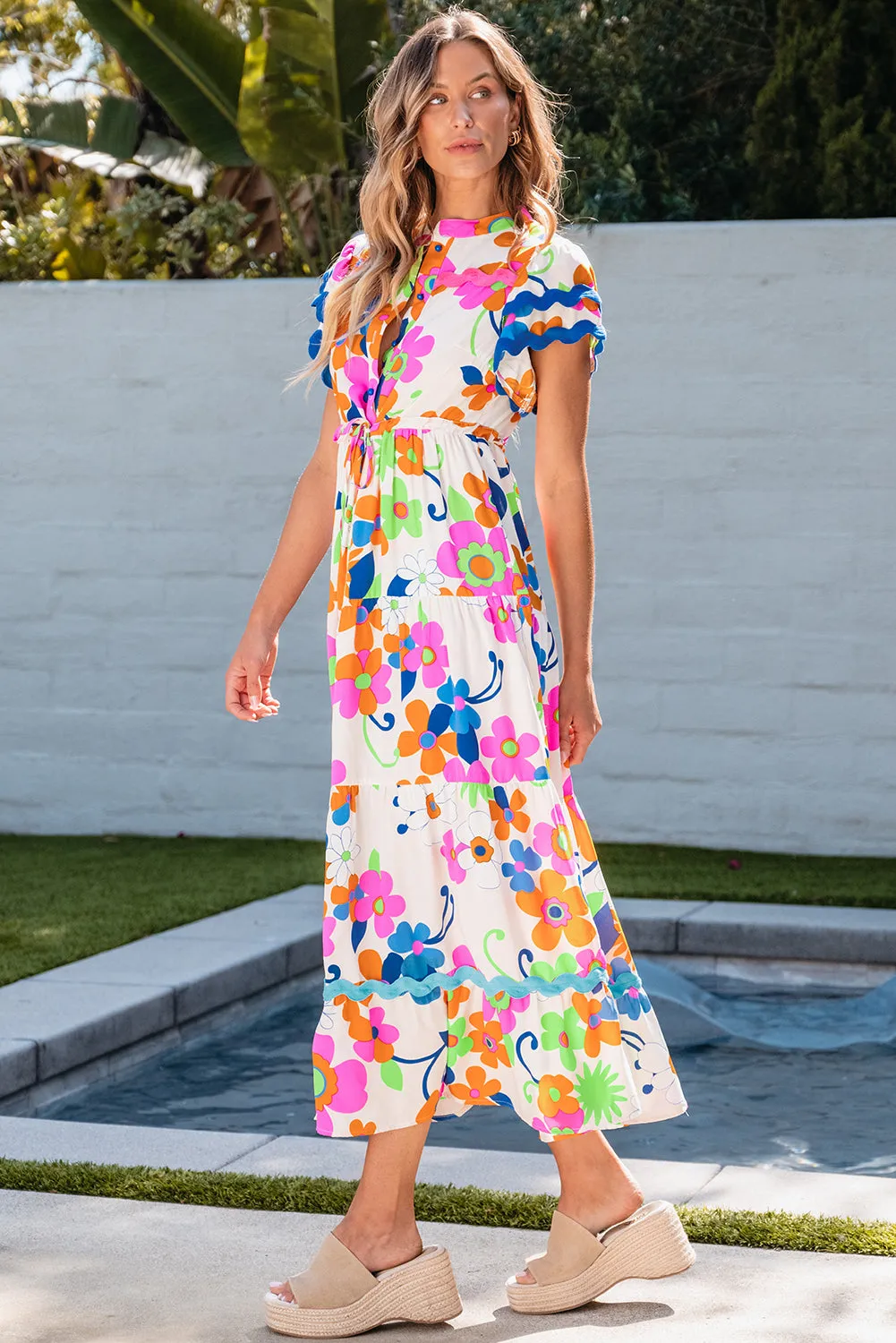 Ricrac Trim Flutter Floral Maxi Dress