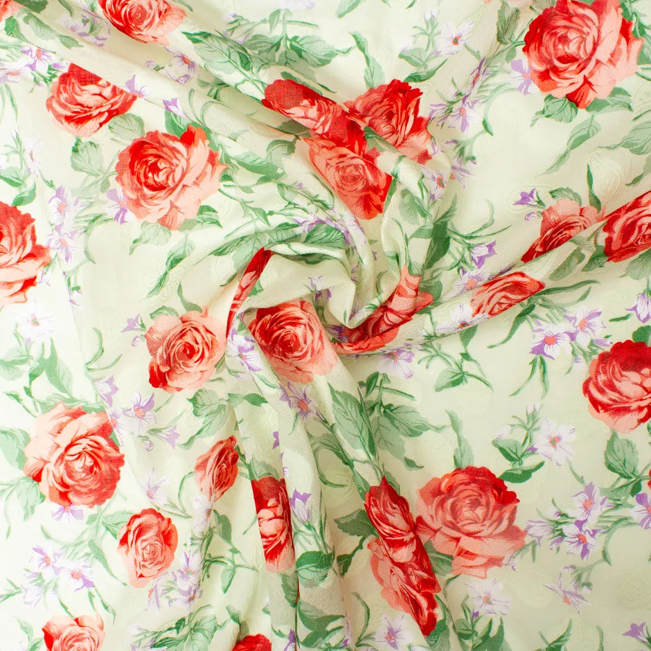 Rose Printed Soft Mint Cotton Voile Jacquard (A 2.45m Piece)