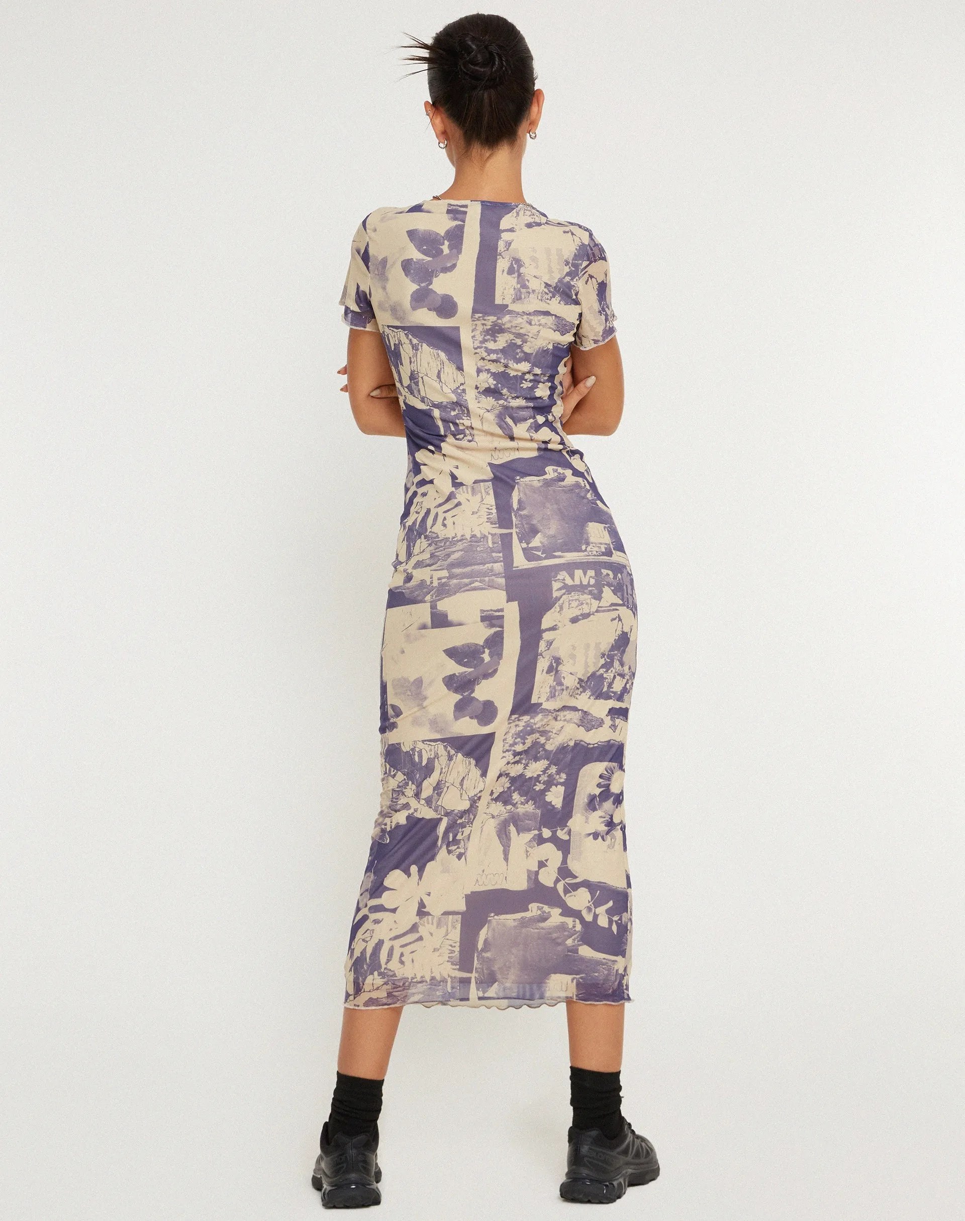 Roska Printed Mesh Midi Dress in Collage Floral Shadow Purple