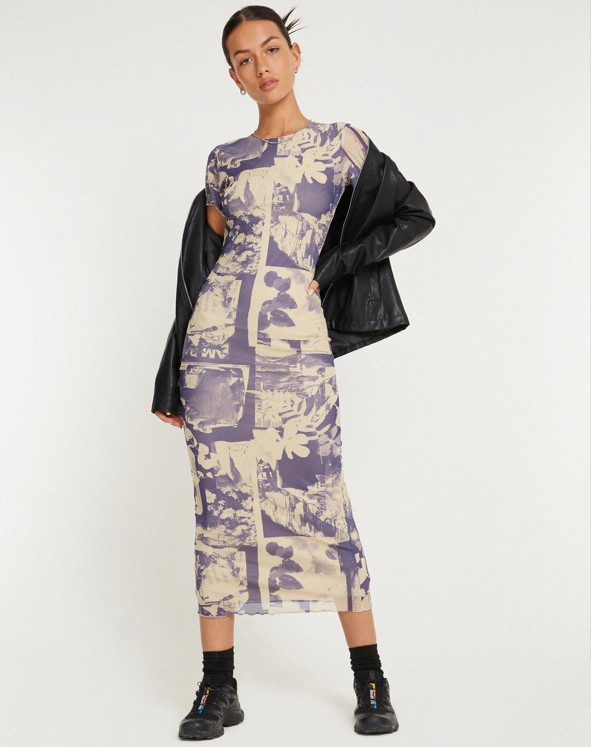 Roska Printed Mesh Midi Dress in Collage Floral Shadow Purple