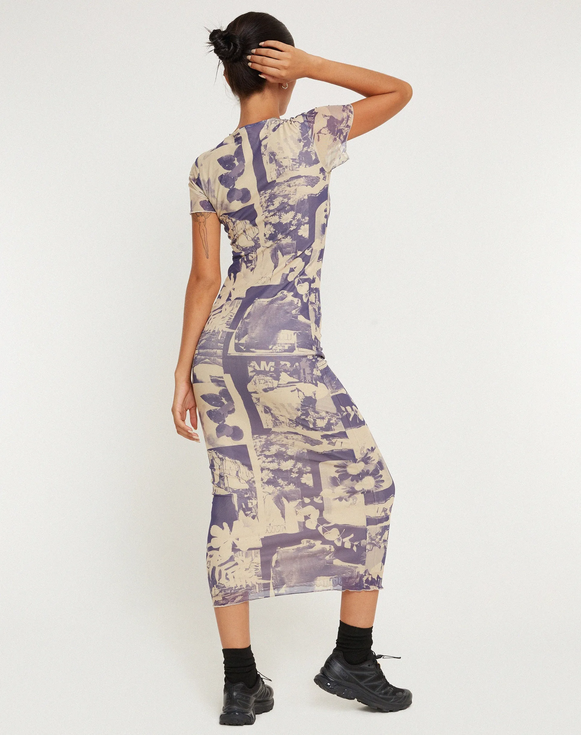 Roska Printed Mesh Midi Dress in Collage Floral Shadow Purple