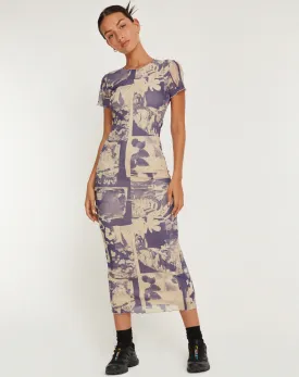 Roska Printed Mesh Midi Dress in Collage Floral Shadow Purple