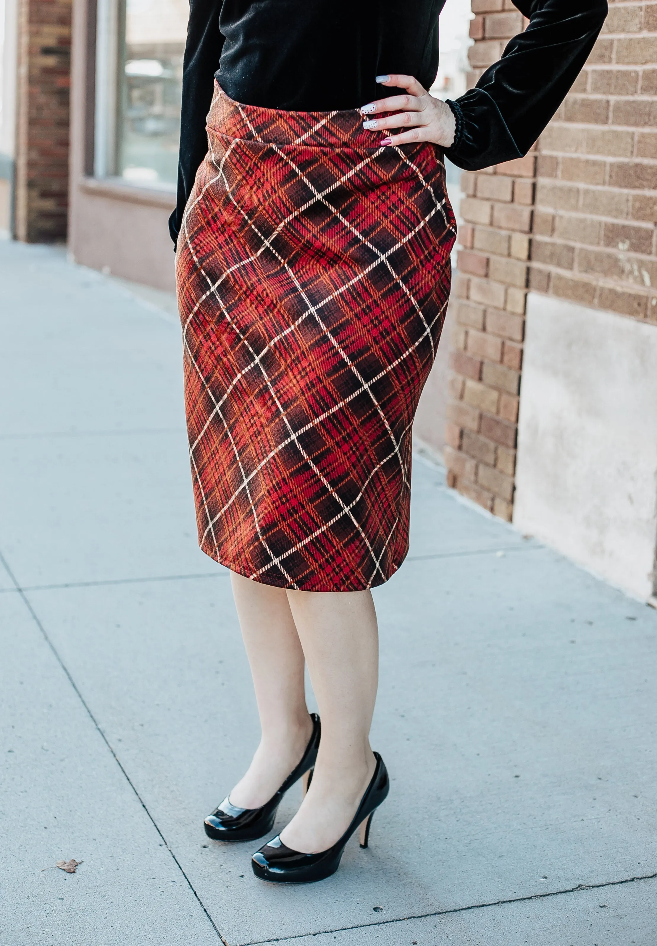 Rust and Brown Plaid Pencil Skirt