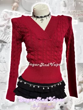 Sarah Red Cable-Knit V-neck Hooded Sweater