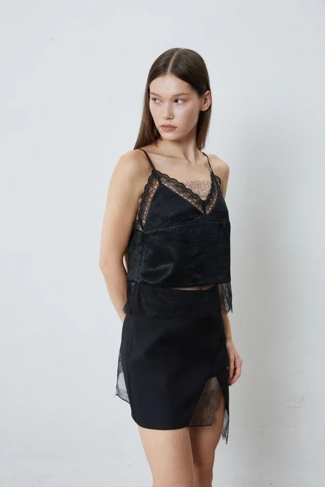 Satin Lace Paneled Camisoles in Black