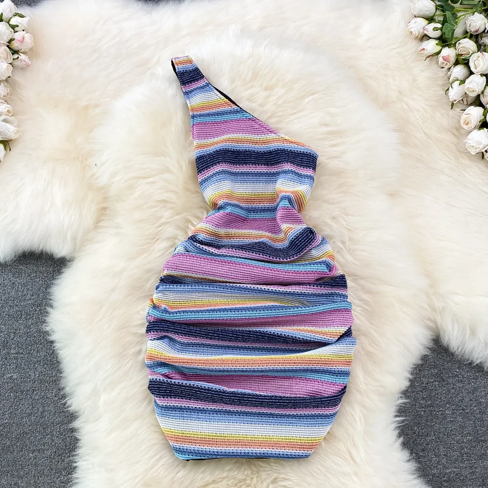 Sexy One Shoulder Sleeveless Slim Colorful Stripe Bodycon Casual Dress