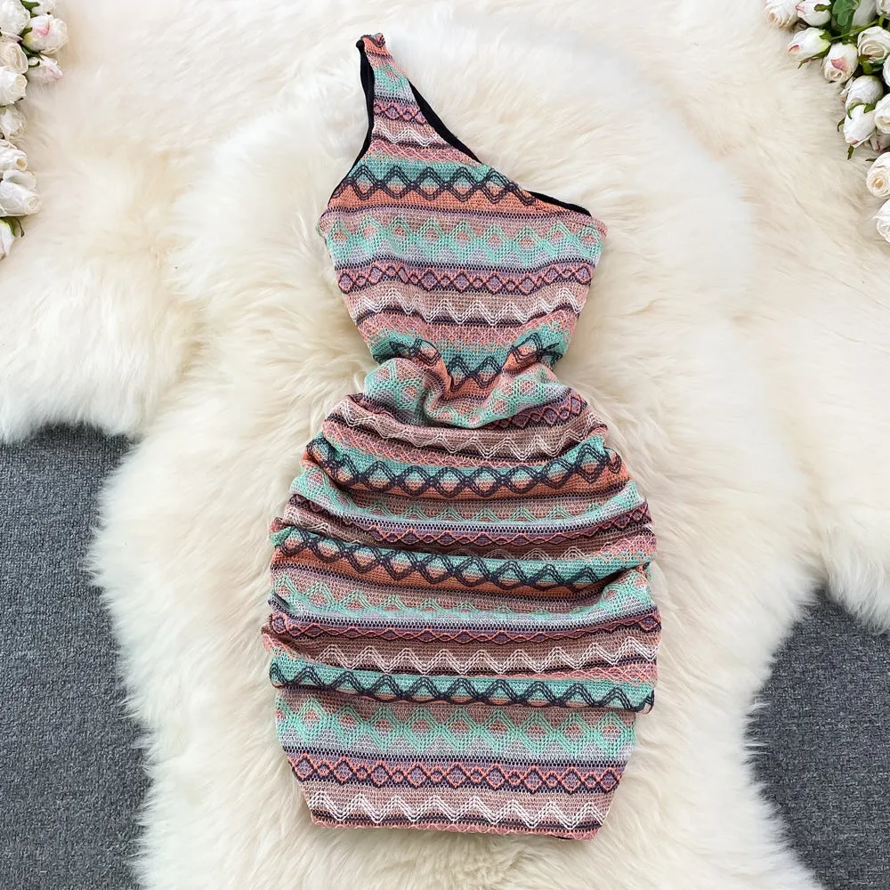 Sexy One Shoulder Sleeveless Slim Colorful Stripe Bodycon Casual Dress