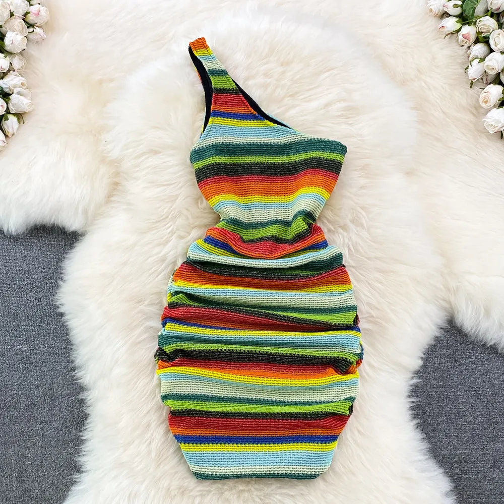 Sexy One Shoulder Sleeveless Slim Colorful Stripe Bodycon Casual Dress