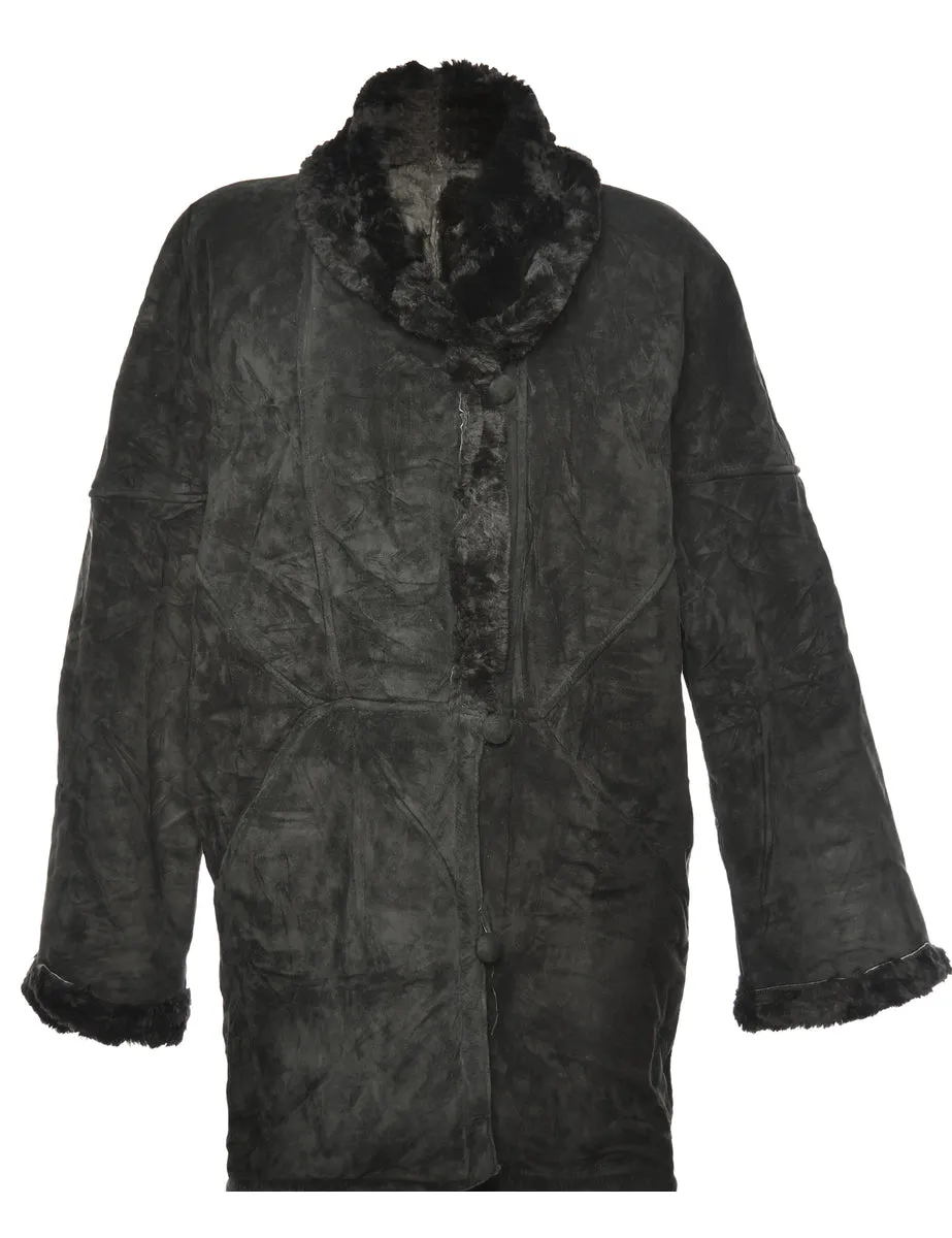 Shearling Lined Black Suede Coat - XL