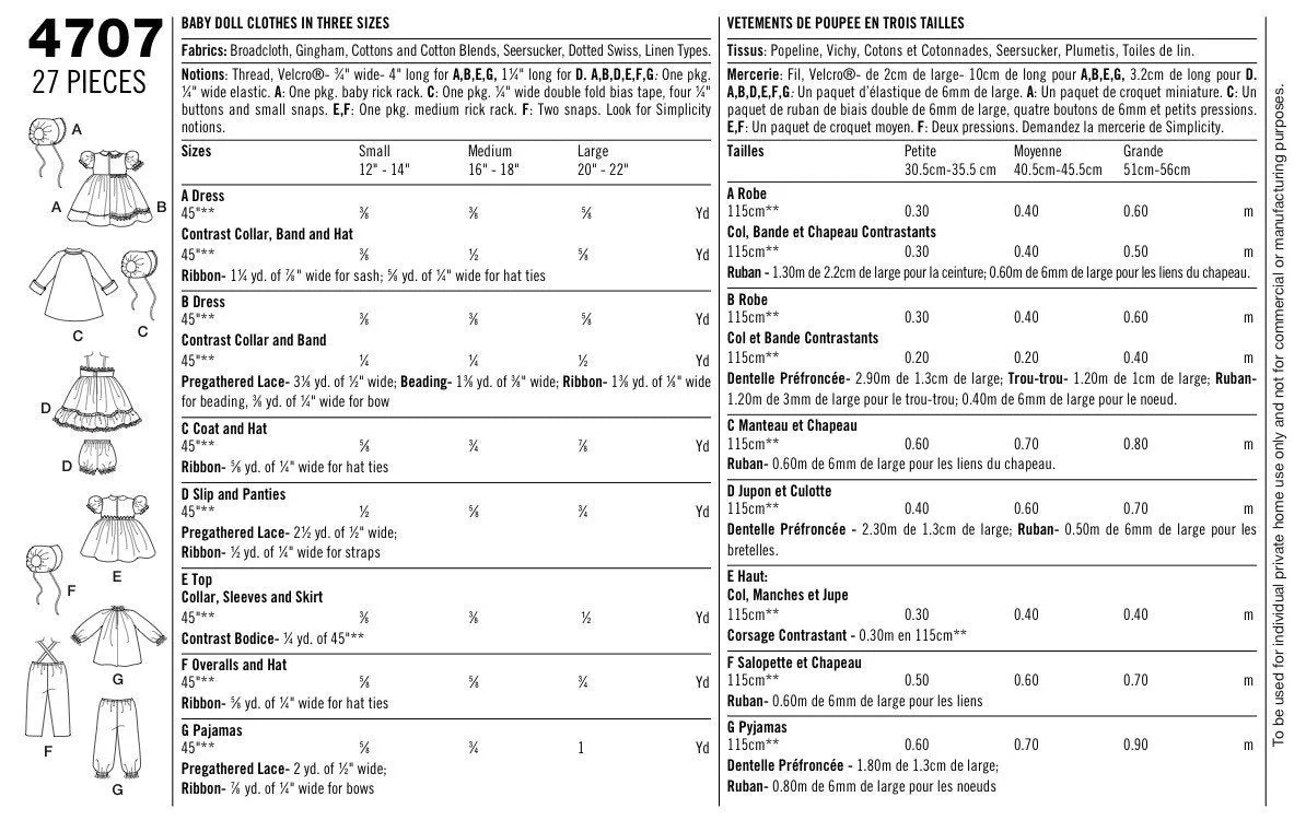 Simplicity 4707 baby Dolls clothes pattern