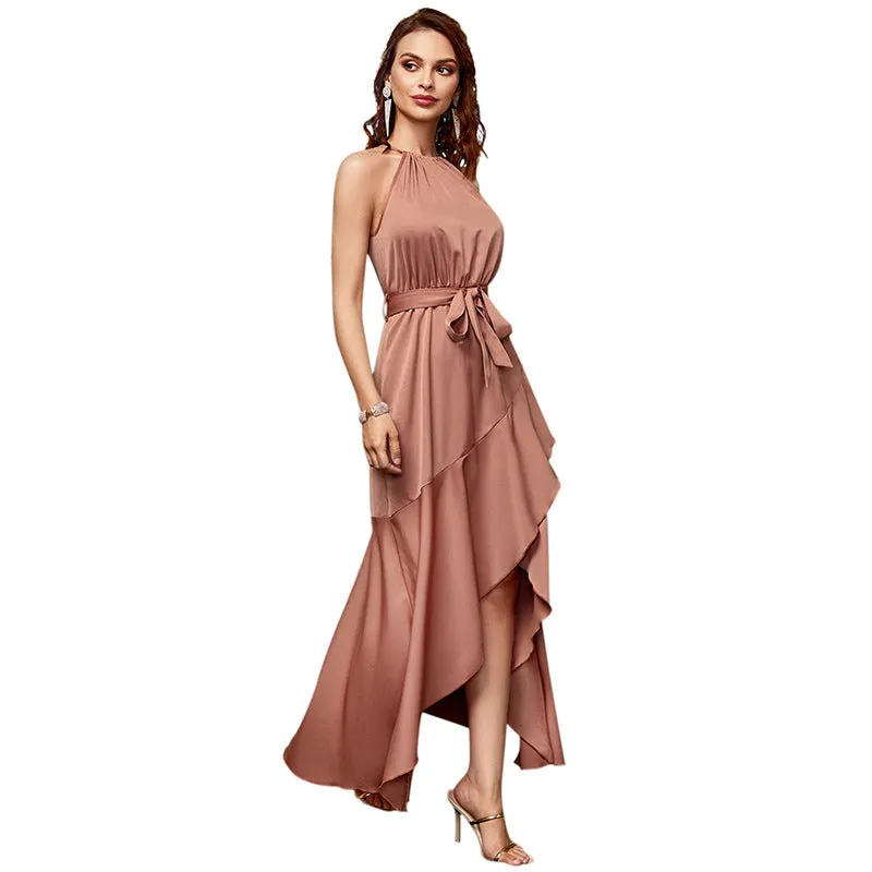 Sleeveless Ruffle Slim Asymmetrical Halter Neck Casual Dress