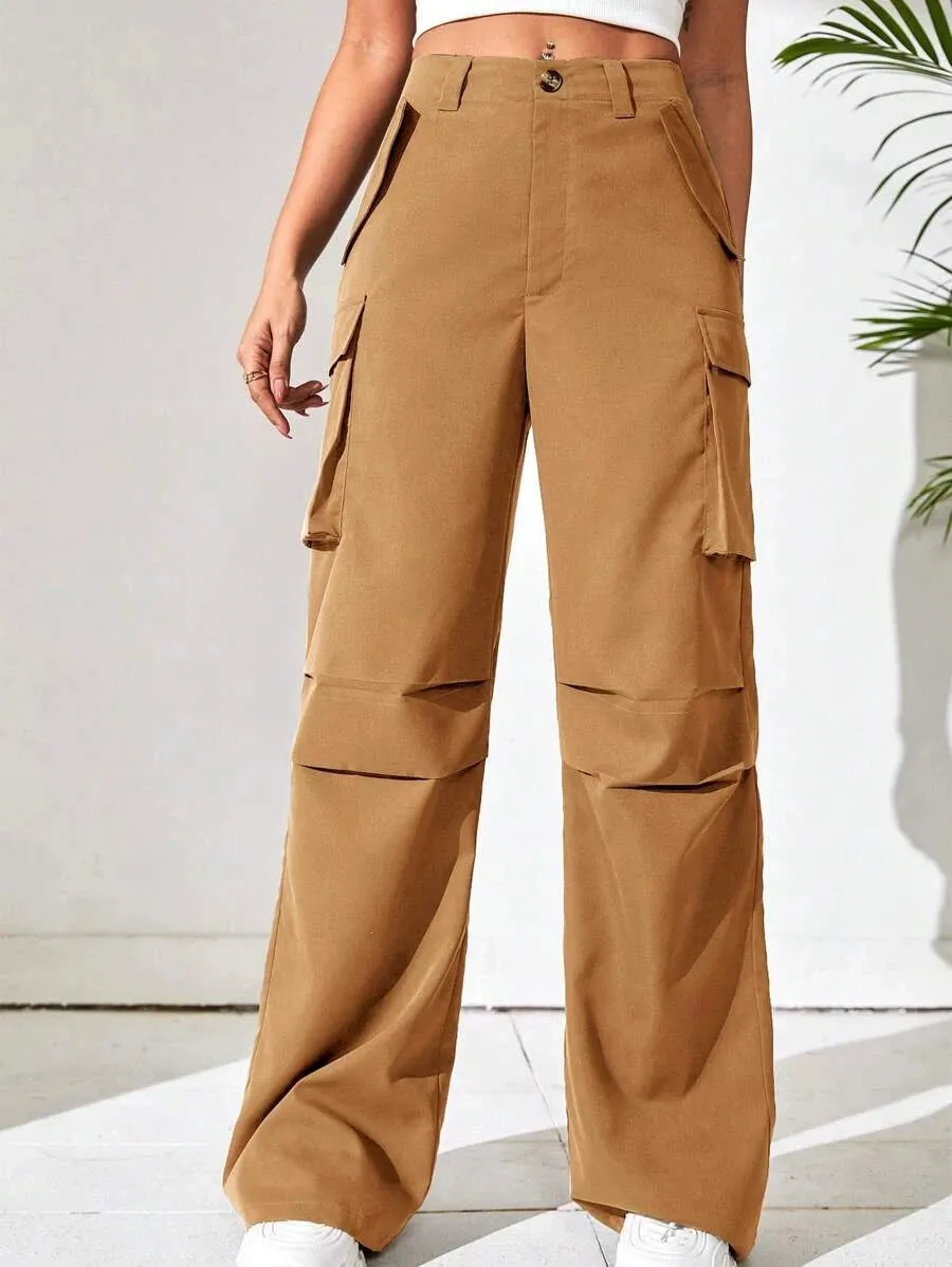 Solid Flap Pocket Side Wide Leg Pants