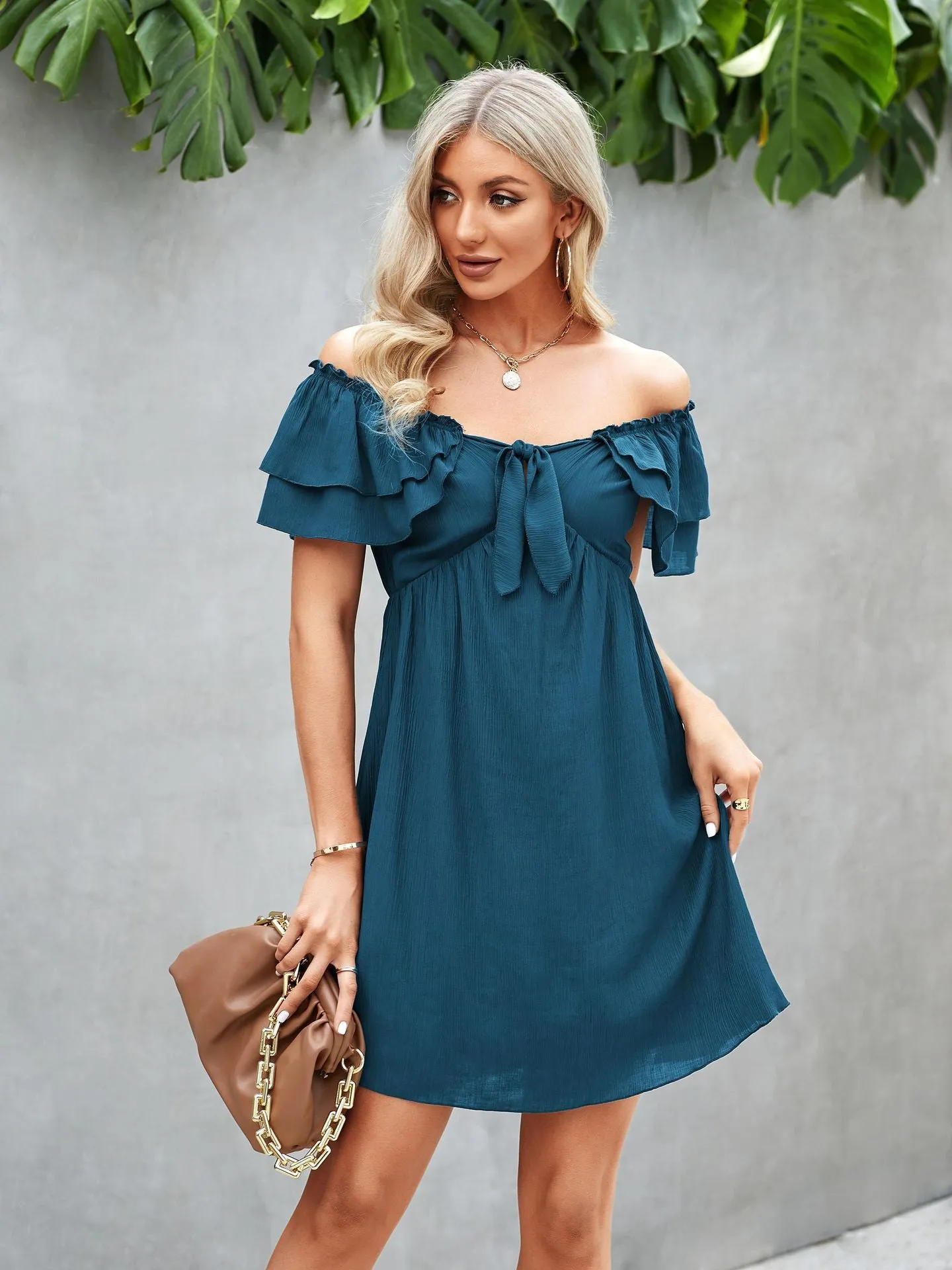 Solid Frilled Off Shoulder Tie Mini Casual Dress