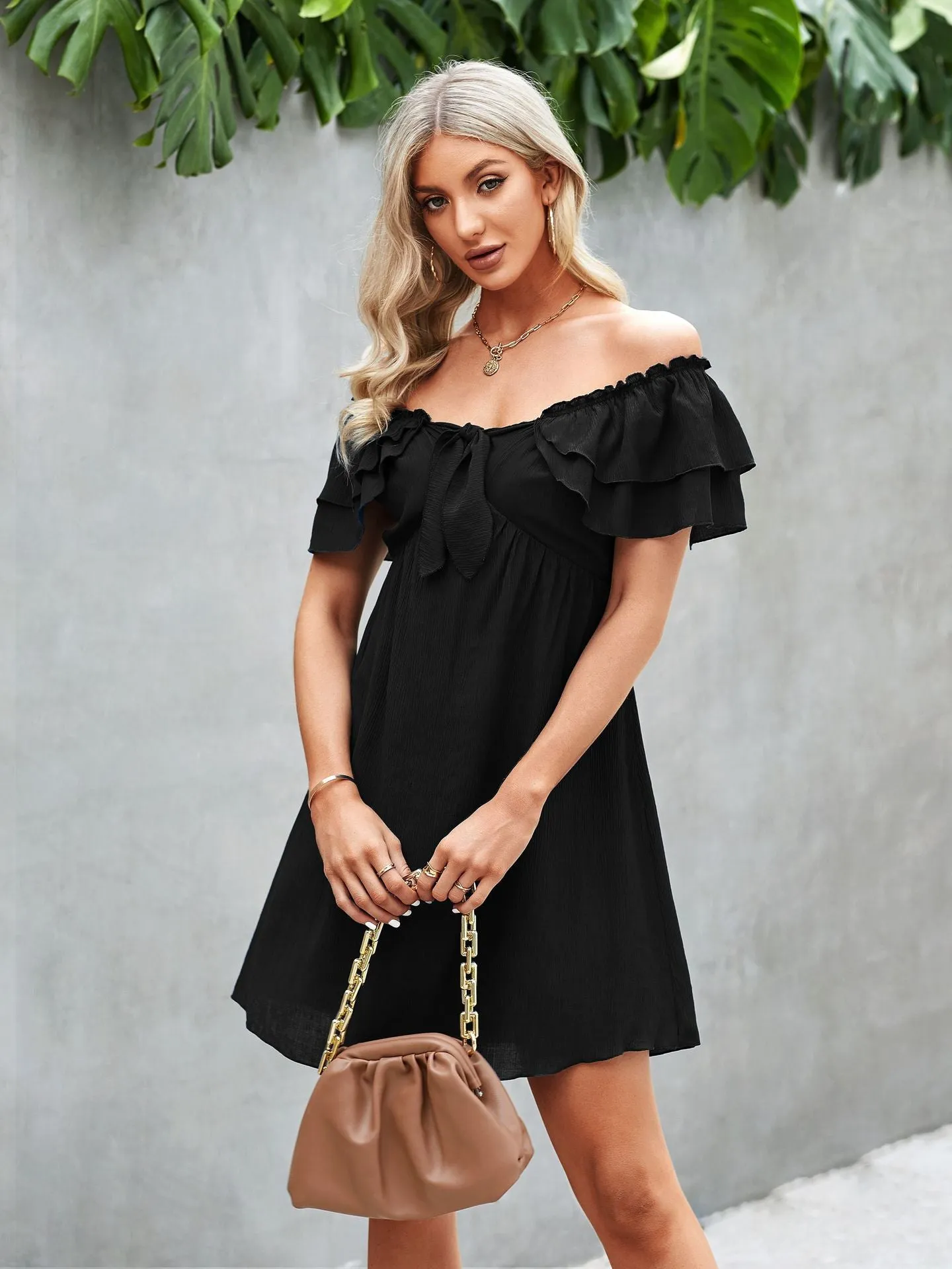 Solid Frilled Off Shoulder Tie Mini Casual Dress