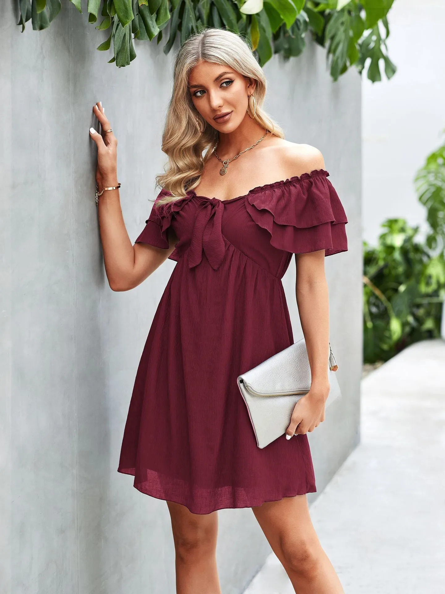 Solid Frilled Off Shoulder Tie Mini Casual Dress