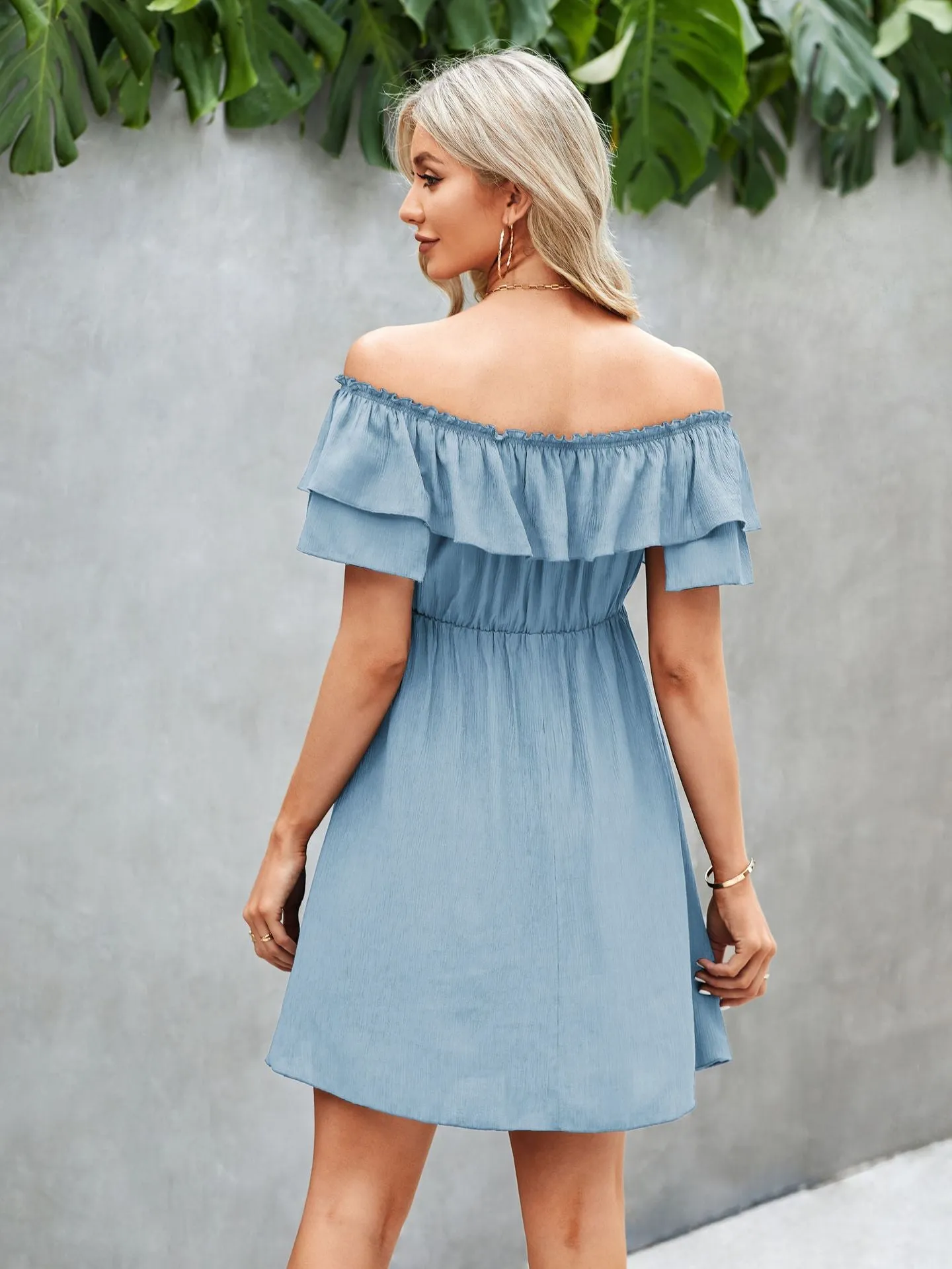 Solid Frilled Off Shoulder Tie Mini Casual Dress