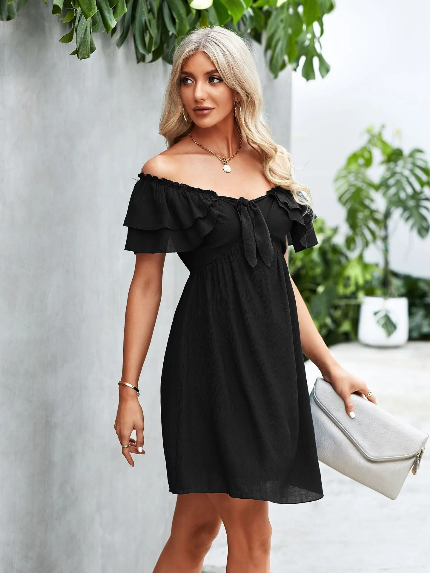 Solid Frilled Off Shoulder Tie Mini Casual Dress