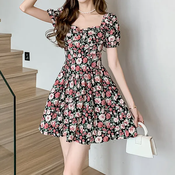 Square Neck Floral Puff Sleeve Short Dress