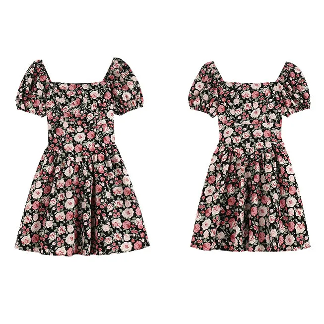 Square Neck Floral Puff Sleeve Short Dress