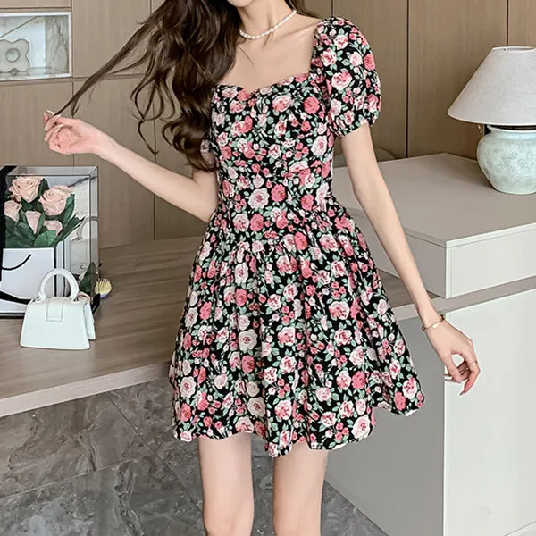 Square Neck Floral Puff Sleeve Short Dress