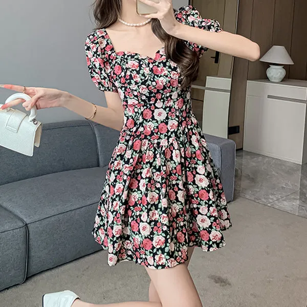 Square Neck Floral Puff Sleeve Short Dress