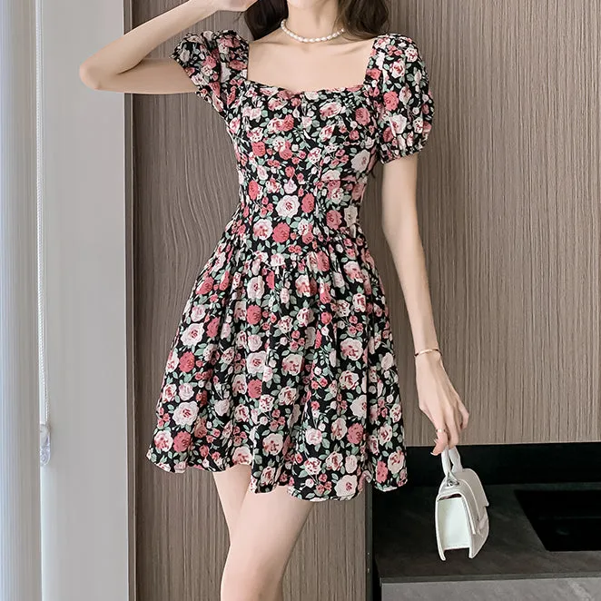 Square Neck Floral Puff Sleeve Short Dress