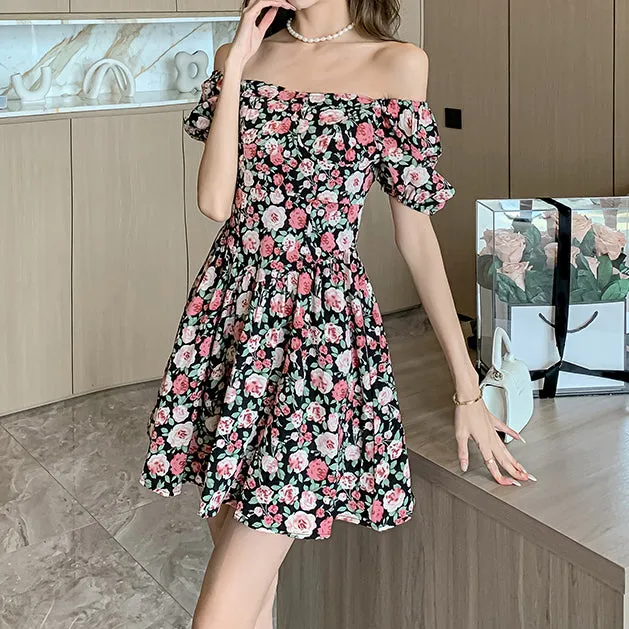 Square Neck Floral Puff Sleeve Short Dress