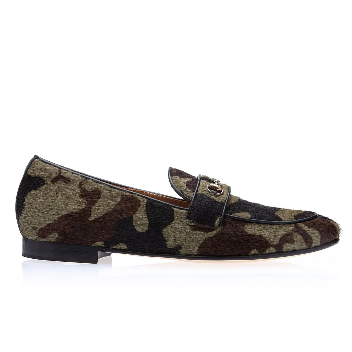 SUPERGLAMOUROUS Morris Men's Shoes Green Camouflage Pony Slip-on Horsebit Loafers (SPGM1311)