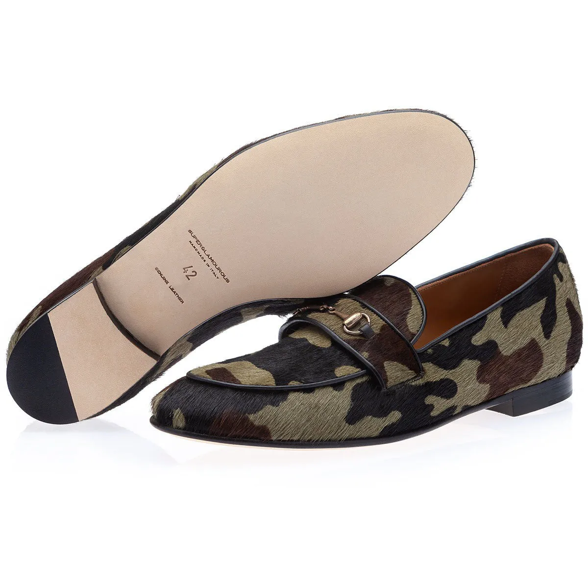 SUPERGLAMOUROUS Morris Men's Shoes Green Camouflage Pony Slip-on Horsebit Loafers (SPGM1311)