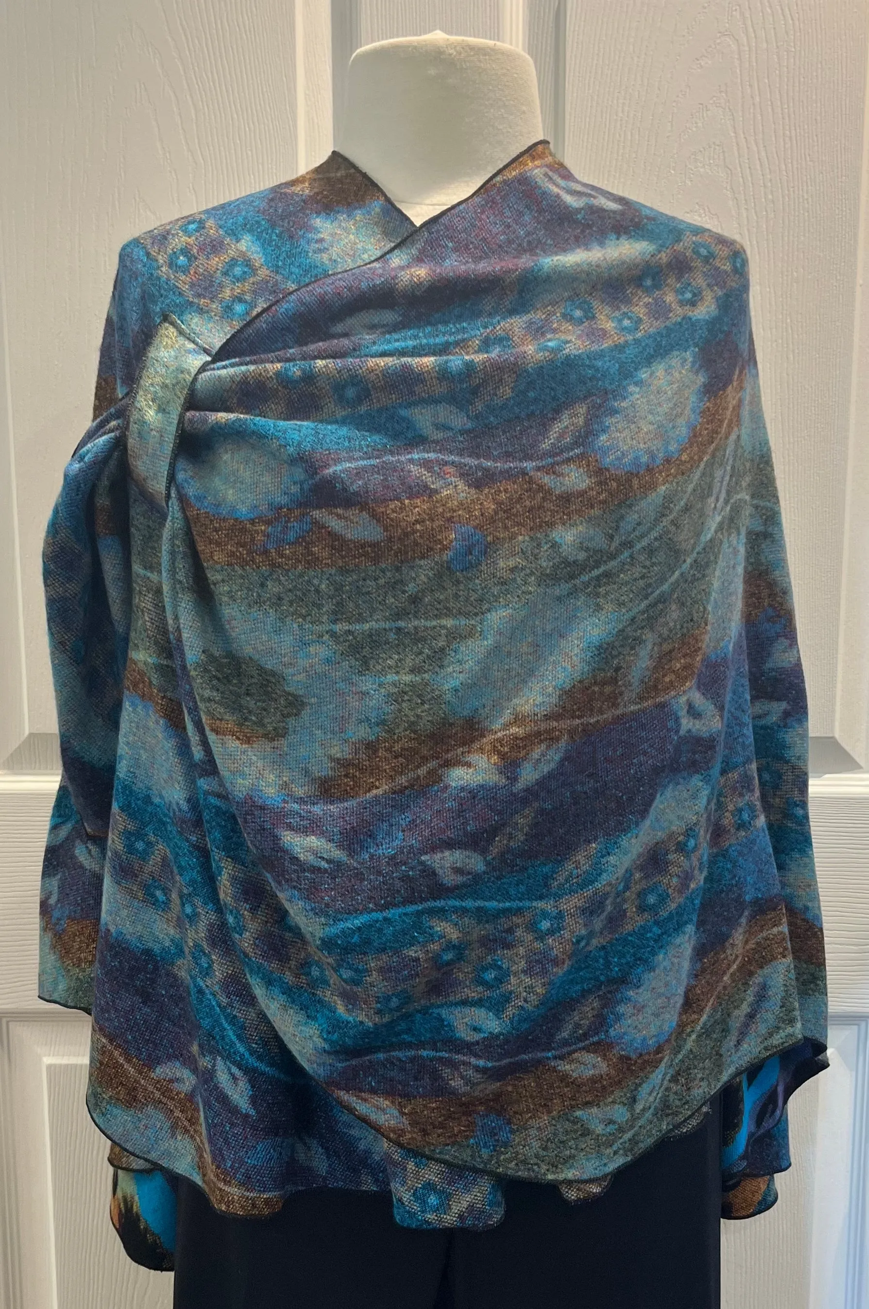 Turquoise, Rust, Green & Black Reversible Cashmere Shawl