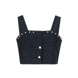 Tweed Pearl Cropped Camisoles in Black