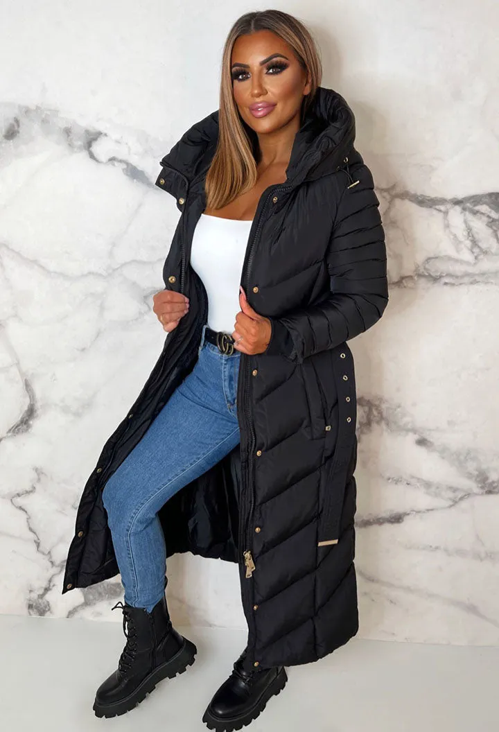 Urban Revival Black Chevron Belted Hooded Fleece Lined Coat