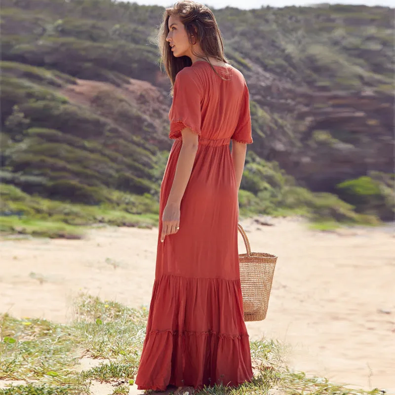 V-Neck Button Front Maxi Boho Dress