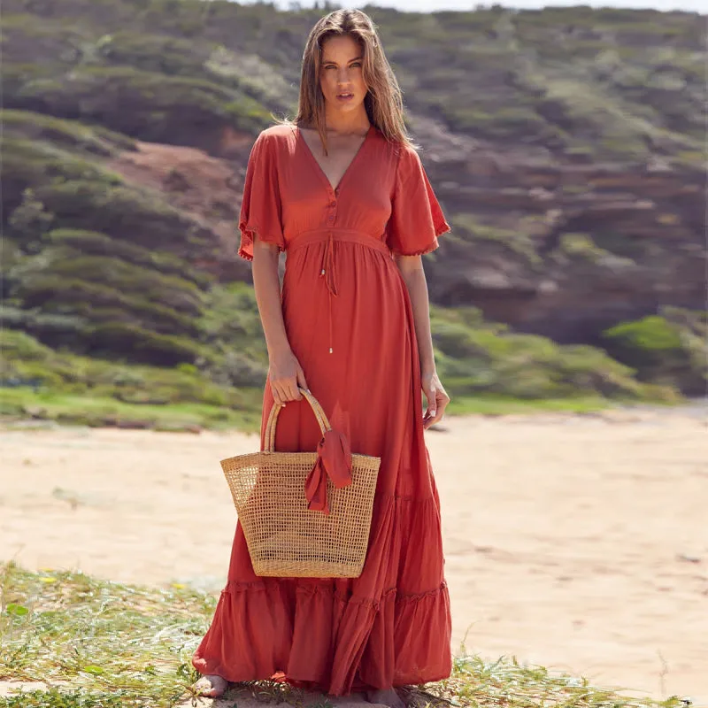 V-Neck Button Front Maxi Boho Dress