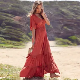 V-Neck Button Front Maxi Boho Dress