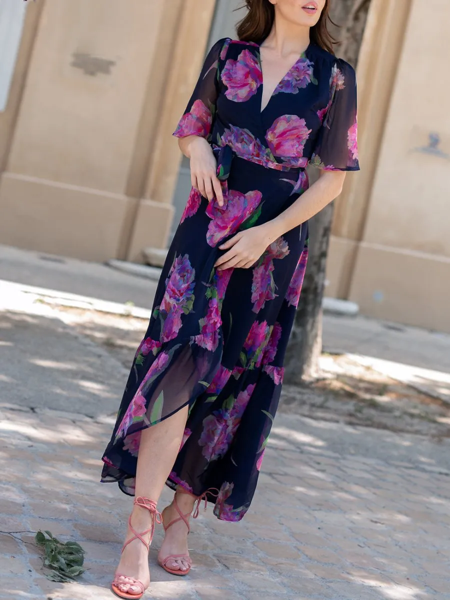 V Neck Chiffon Floral Dress