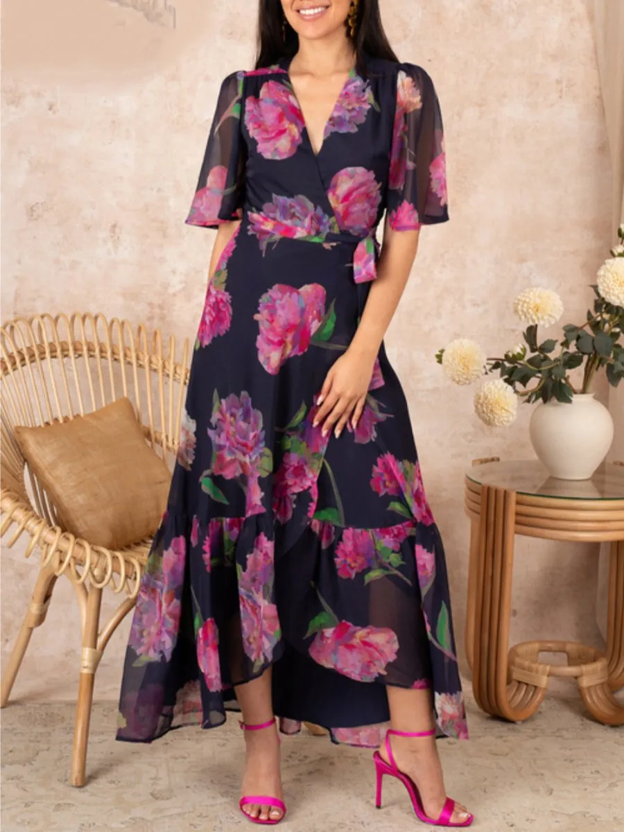 V Neck Chiffon Floral Dress